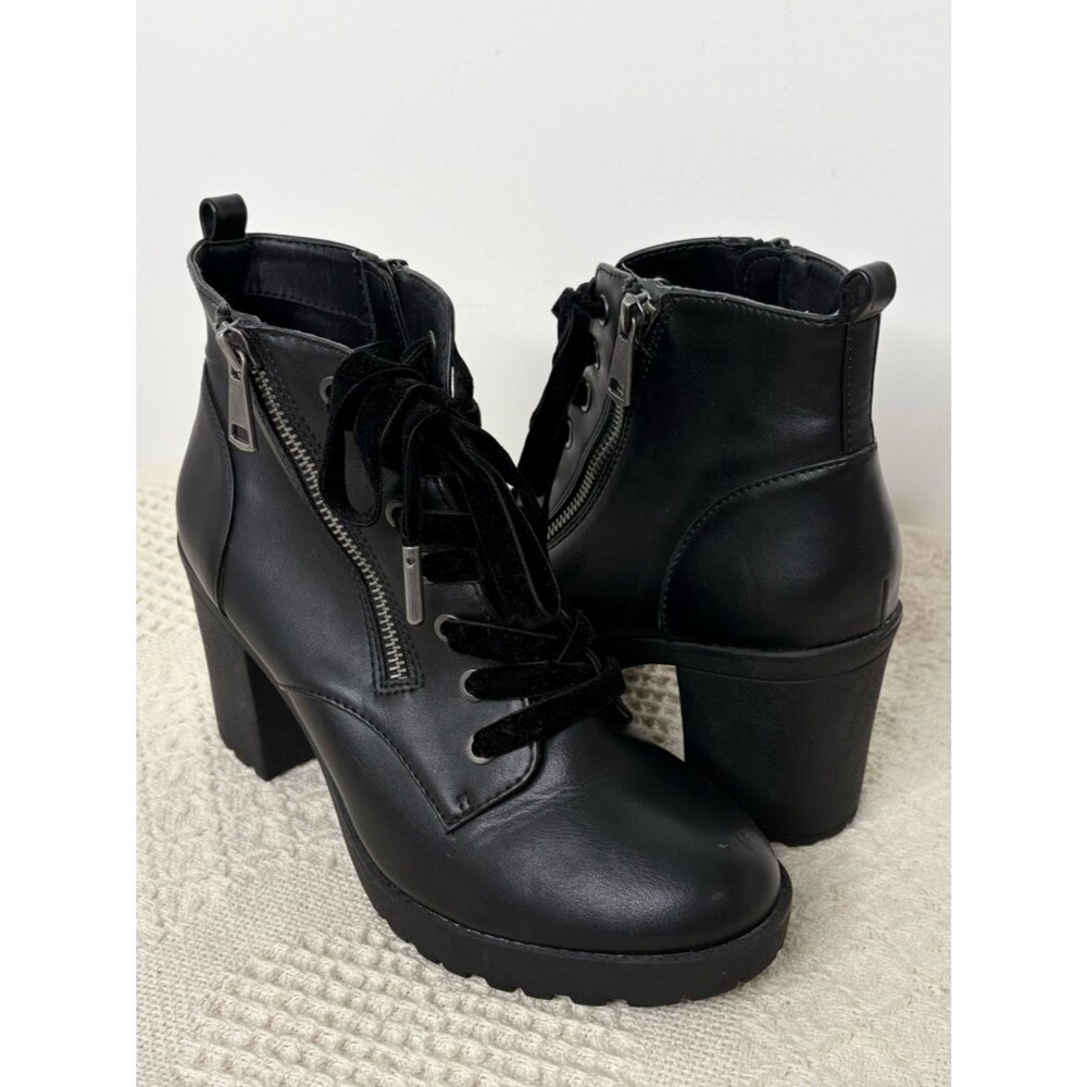 Black Heeled Combat Boots Target Faux Leather Lace Up Lug Sole